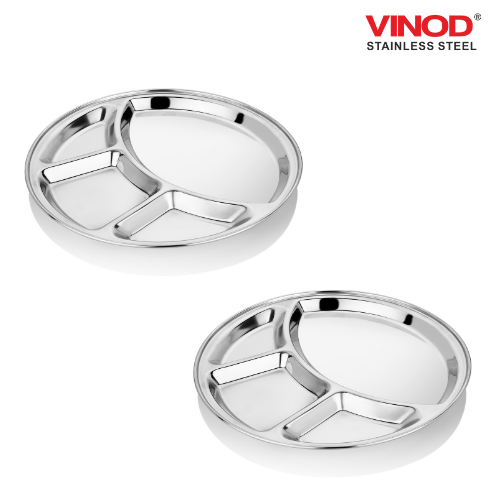 Vinod Stainless Steel Bhojan Thali, 4 Compartment Lunch & Dinner Plate - 2 piece set