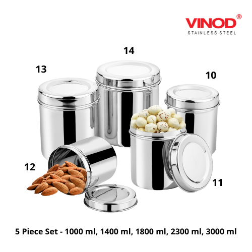 Vinod Stainless Steel Deep Dabba -  1000 ml, 1400 ml, 1800 ml, 2300 ml, 3000 ml - 5 Piece Set